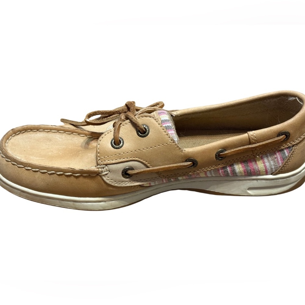 Sperry Tan Leather Boat Shoes Women’s 7.5 | Pink Stripe Memory Foam - Picture 3 of 6